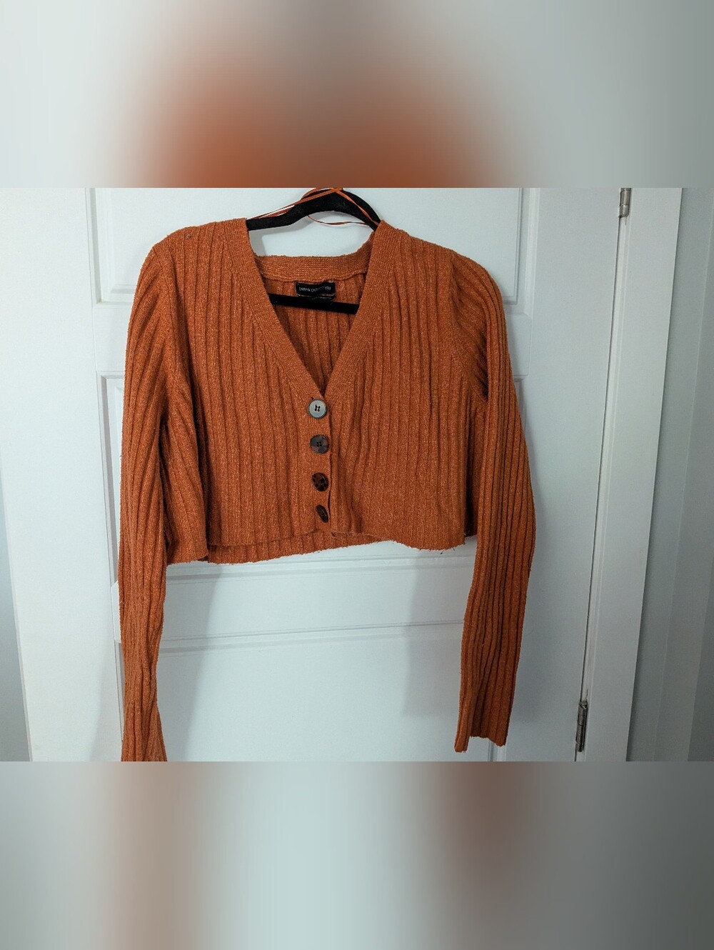 Urban Outfitters Cropped Rust Ribbed V-Neck Button Cardigan